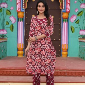 Bagru Women's Cotton Printed Kurti with Pant Set – Design 43
