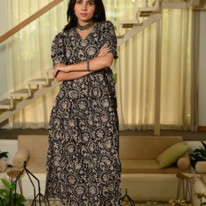 Bagru Women's Cotton Printed Anarkali Midi Dress – Design 28