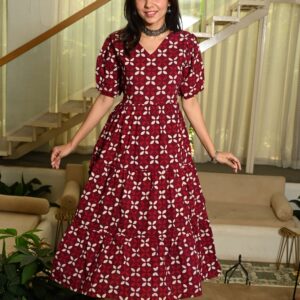 Bagru Women's Cotton Printed Anarkali Midi Dress – Design 17