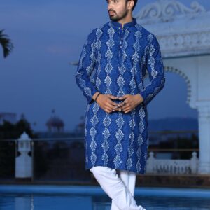 Bagru Men's Blue Handblock Printed Cotton Kurta Pajama Set