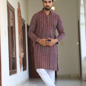 Bagru Men's Red & Blue Striped Cotton Kurta Pajama Set